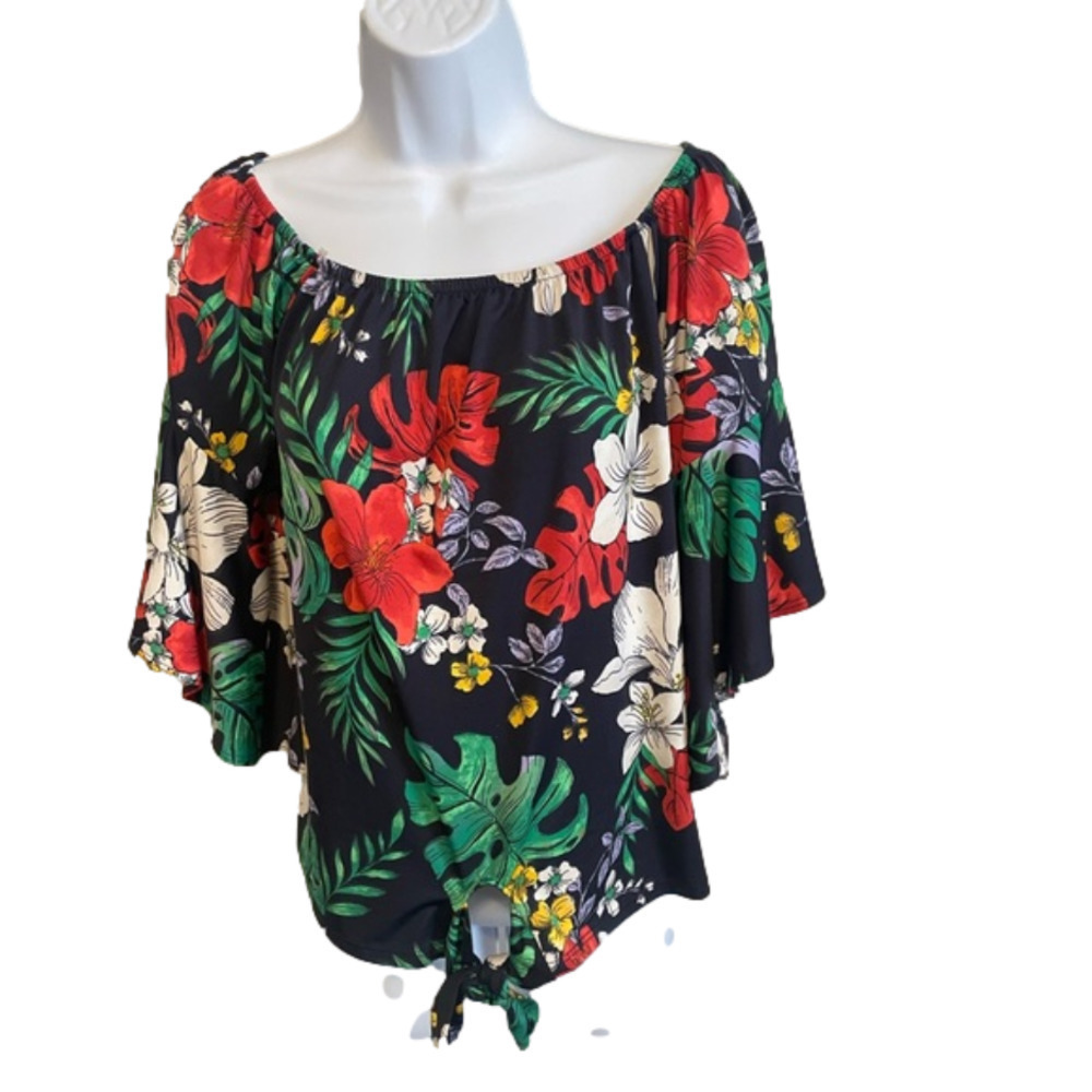 Off The shoulder Navy Floral Top Small Ruffle Tie Front Resort Feminine Tropical - Picture 8 of 10